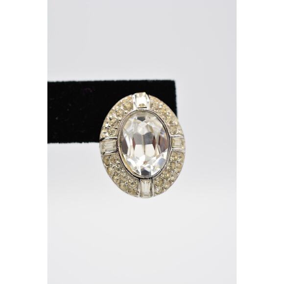 Givenchy Crystal Clip Earrings Baguette Rhinestone Oval Silver Tone Signed 9D - Picture 7 of 12